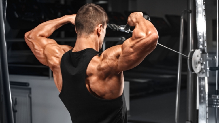 A bodybuilder doing a face pull on the cable machine.