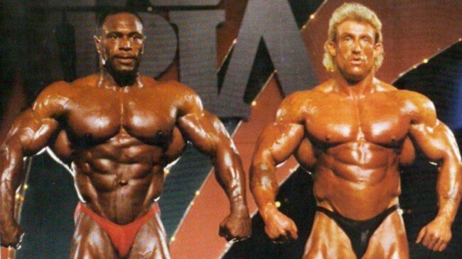 Bodybuilders Lee Haney and Dorian Yates at the 1991 Mr. Olympia.