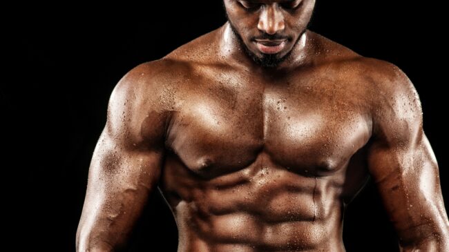 A powerlifter's muscular chest.