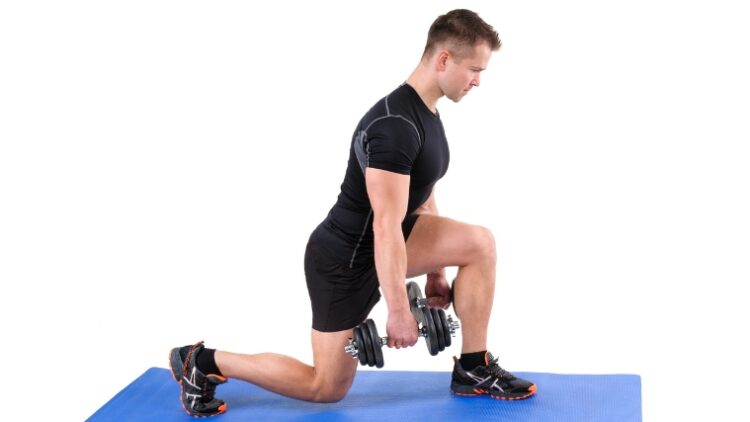 A person doing the dumbbell split squat.