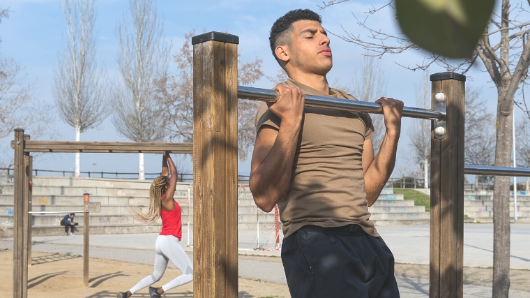  A person doing a chin up in a park