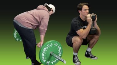 Two people performing leg exercises. One is doing a stiff-leg deadlift; the other is performing a goblet suqat.