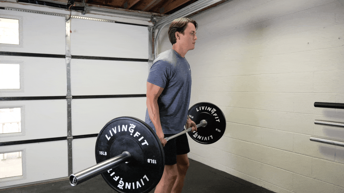 A person doing a barbell curl.