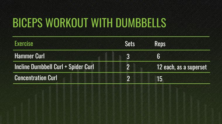 The chart for biceps workout with dumbbells.