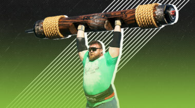 Tom Stoltman wearing a green shirt and pressing a log overhead.