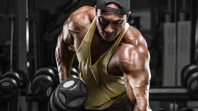 Strong bodybuilder man arm holding dumbbell doing lift exercise