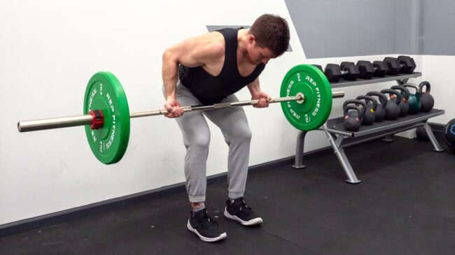 A person doing the Reverse-Grip Bent-Over Row.