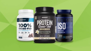 Three containers of the Best Protein Powders for Weight Loss in front of a stylized green background
