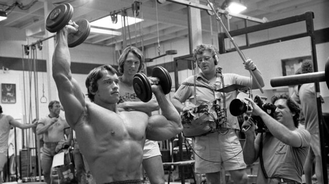Arnold Schwarzenegger filming Pumping Iron.