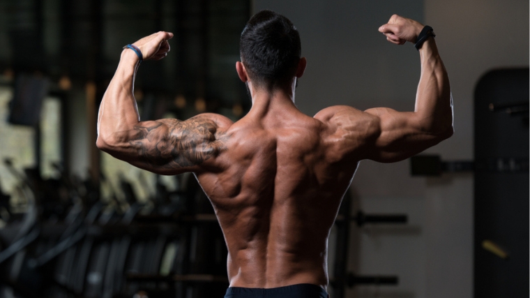 A bodybuilder posing to show his back.