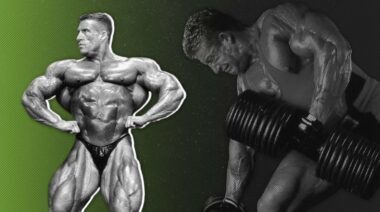Bodybuilder Dorian Yates performing a front-lat spread and rowing a dumbbell.