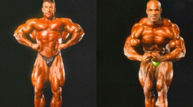 Bodybuilders Dorian Yates and Ronnie Coleman posing against a black background.