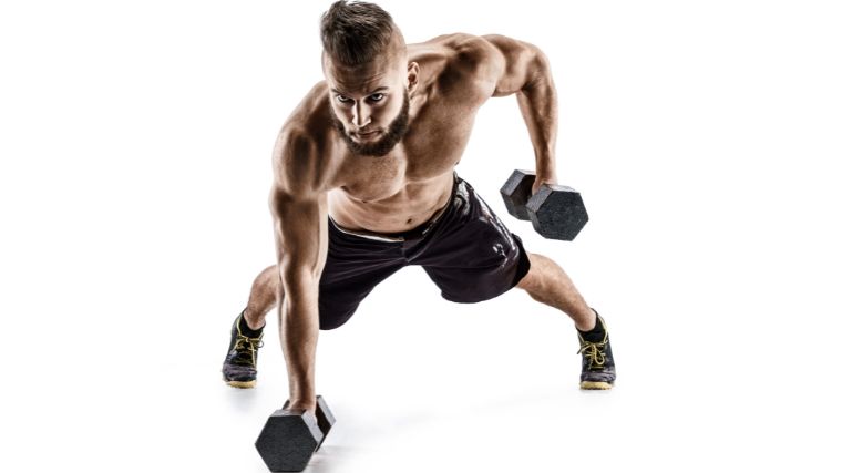 An athlete working out with dumbbells.