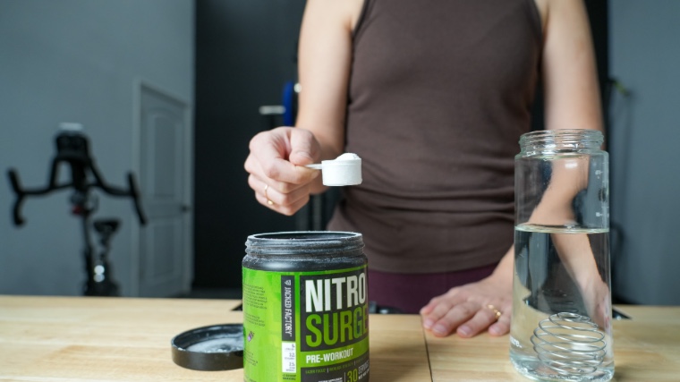 Our tester trying out the nitro surge pre-workout supplement.