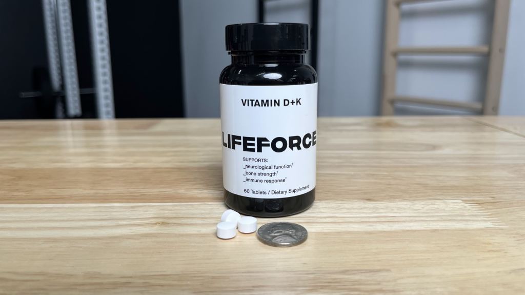One dose of Lifeforce Vitamin D+K (with nickel for scale) 