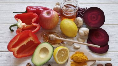 Natural food products for healthy bowels. Turmeric, beetroot, honey, garlic, lemon, etc.