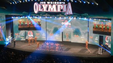 A shot of bodybuilders on the Mr. Olympia stage.
