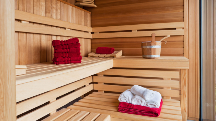 Interior of a wooden sauna.