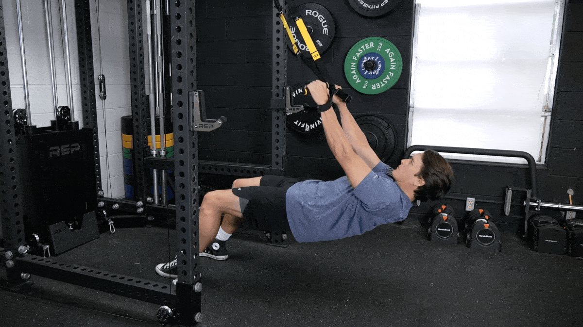 A person doing TRX Inverted Row lat exercise in the gym.