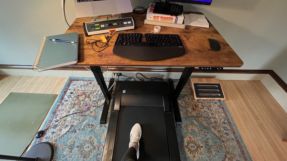 Looking down on a home office standing desk set up to work with a Lifespan TR1000 Under Desk Treadmill.
