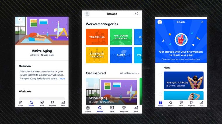 Three screenshots of the online personal training app, Aaptiv, on a black background.