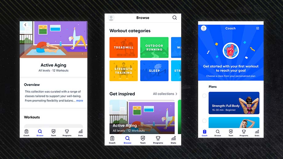 Three side-by-side screenshots of Aaptiv, our best workout app for women over 50, including the Browse and Coach tabs.