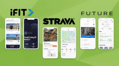 Logos for iFIT, Strava, and Future on a green background