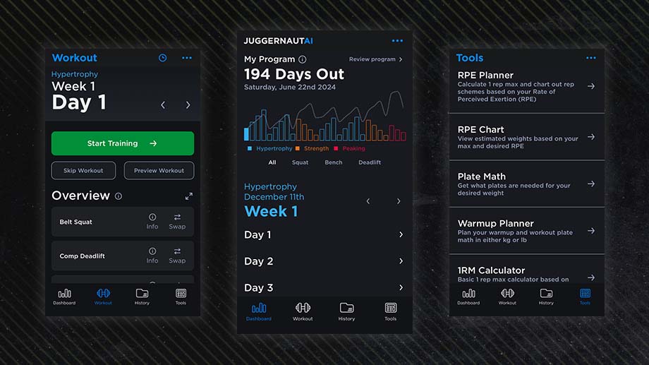 Three side-by-side screenshots of JuggernautAI, our best workout app for women for strength training, including the workout, dashboard and tools tabs.