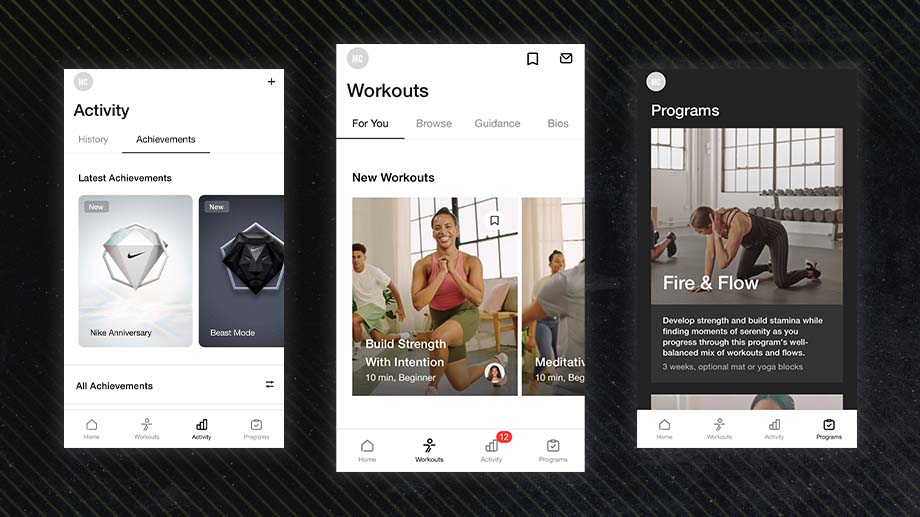 Three side-by-side screenshots of Nike Training Club, our best free workout app for women, including the Activity, Workouts and Programs tabs.