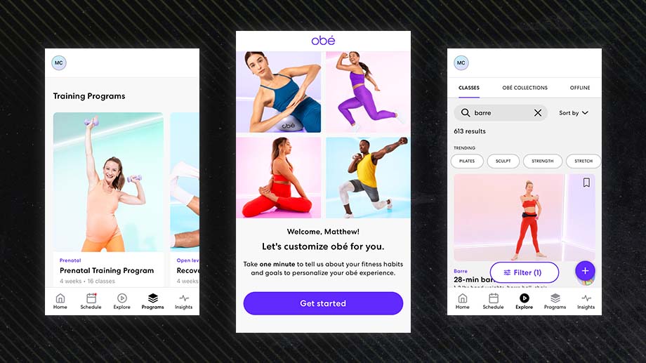 Three side-by-side screenshots of obé Fitness, our best workout app for women for barre, including the training programs and search tabs.