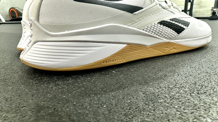 Close up view of the updated Lift and Run Chassis System of the Reebok Nano X4 fitness shoes.