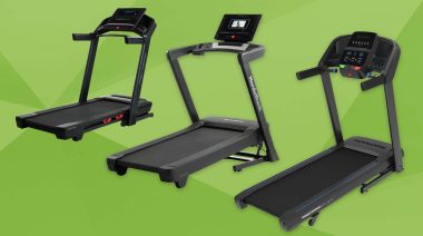 NordicTrack EXP 7i, Horizon Fitness T101, and ProForm Carbon TLX treadmills on a green background