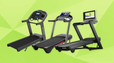 A stylized BarBend image showing 3 of the Best High-End Treadmills.