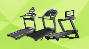 The Sole F63, Horizon 7.4 AT, and NordicTrack Commercial 2450 treadmills on a green background
