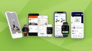 An array of smart devices is represented on a green stylized background, displaying the Best Workout Apps for Men