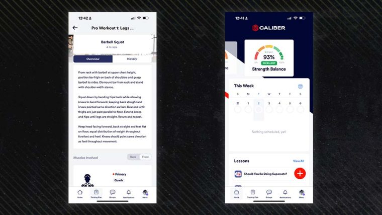 Two screenshots of the Caliber Fitness App on a black background