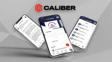 Three phones are spread out displaying the Caliber Fitness App with the Caliber logo above