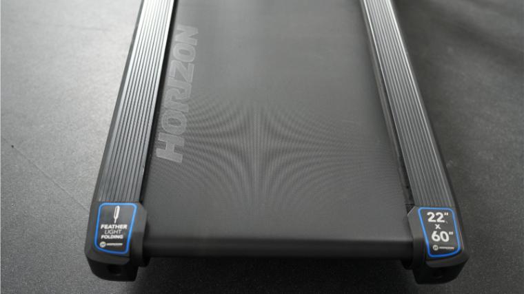 Close up view of the extra-wide belt deck on the Horizon 7.4 AT treadmill.
