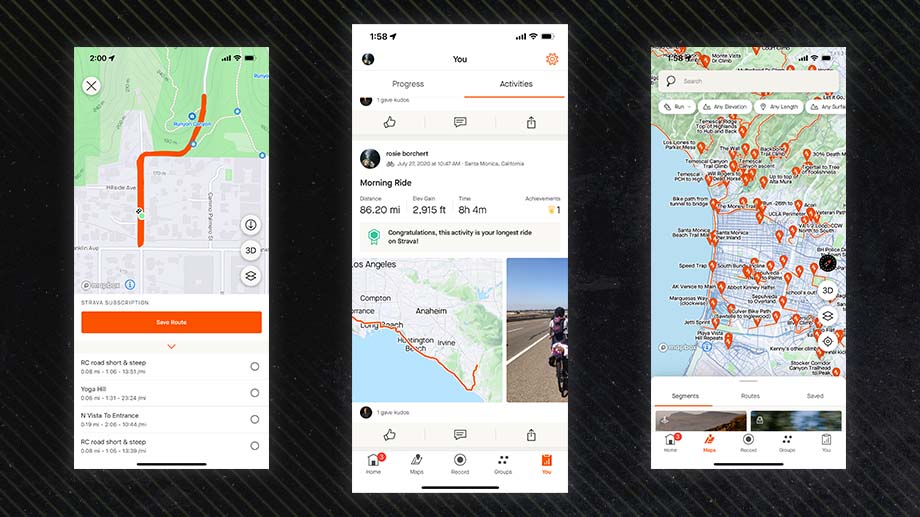Three screenshots of the Strava app with a black background