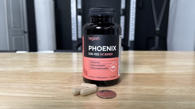 A bottle of Legion Phoenix fat burner supplement capsules at the BarBend testing center.