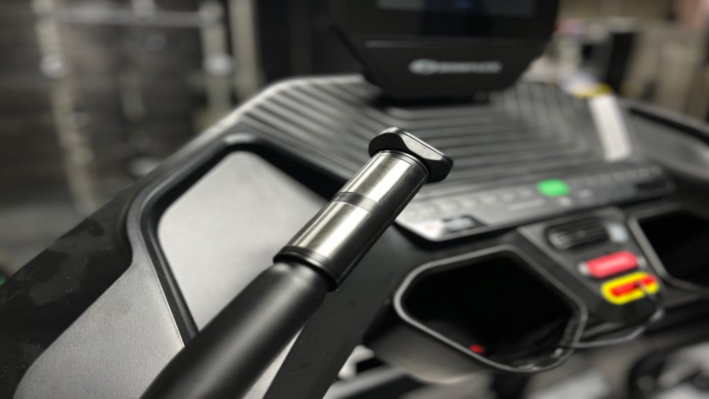 Close up view of the heart beat handle on a Bowflex Treadmill