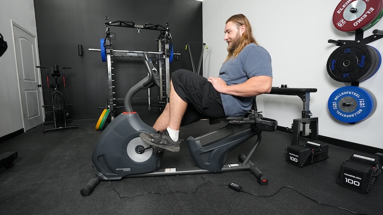 Our tester training with the Schwinn 230 Recumbent Bike.