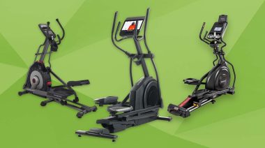 The NordicTrack AirGlide 14i, Sole E25, and Schwinn 430 Ellipticals on a green background.