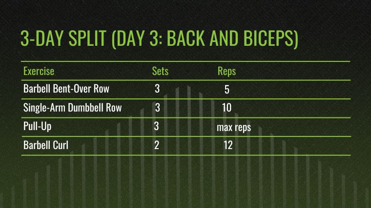 The chart for teh Three-Day Workout Split - Day 3: Back and Biceps.