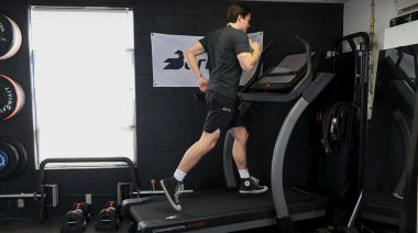 Our tester running on a treadmill.
