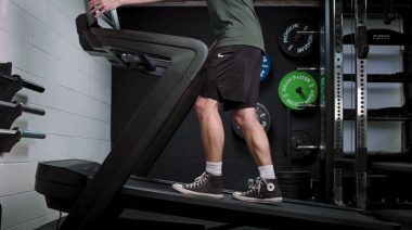 Our tester walking on an incline treadmill.