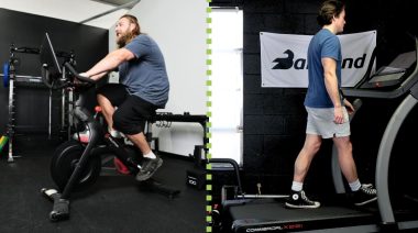 Biking Vs Waling: A side by side photo of a person on a bike and another person walking on a treadmill.