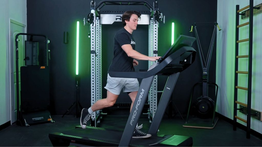 A person walking on a treadmill for a Bruce Protocol Stress Test.