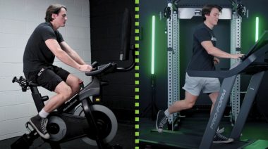 Two photos showing a person cycling vs running. One photos shows him on an exercise bike, and the other on a treadmill.