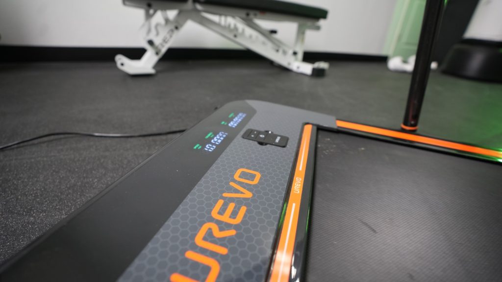 Top of deck & screen time on the Urevo 2-in-1 Under-Desk Treadmill.